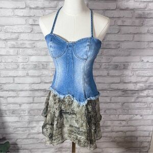 Forever 21 Blue Denim Green Flowy Dress